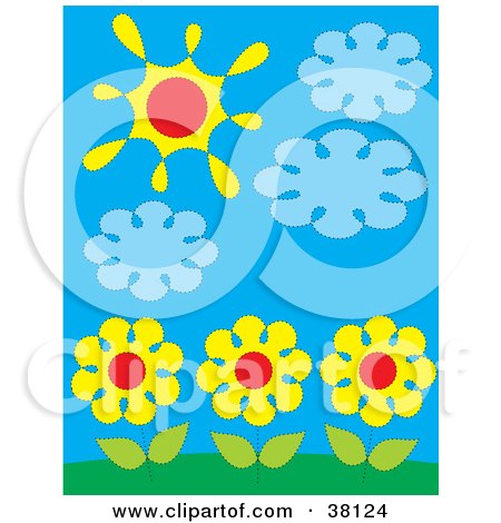 Clipart Illustration of Three Yellow Daisies Under Clouds And The Sun by Alex Bannykh