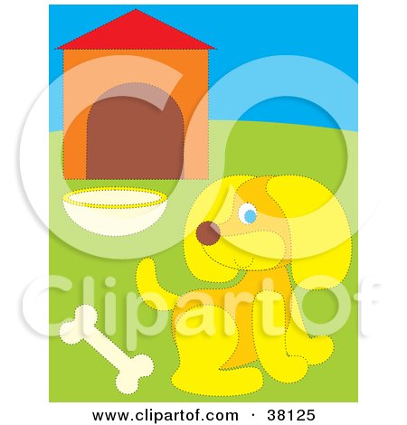 Clipart Illustration of a Yellow Dog With A Bone In Front Of A Dog House by Alex Bannykh