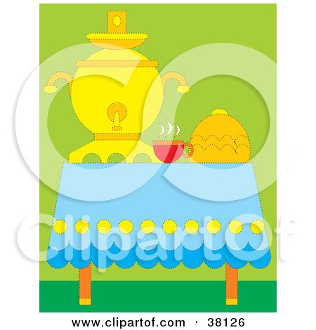 Clipart Illustration of a Cup Of Hot Tea By A Dispenser On A Table, Over Green by Alex Bannykh