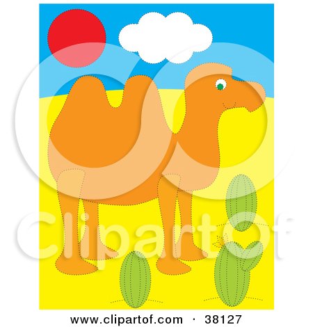 Clipart Illustration of a Camel Near Cactus Under A Red Sun by Alex Bannykh