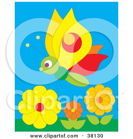 Clipart Illustration of a Butterfly In A Orange And Yellow Flower Garden by Alex Bannykh