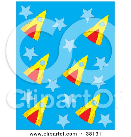 Clipart Illustration of a Background Of Rockets And Stars On Blue by Alex Bannykh