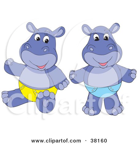 Clipart Illustration of Hippos In Blue And Yellow Diapers by Alex Bannykh