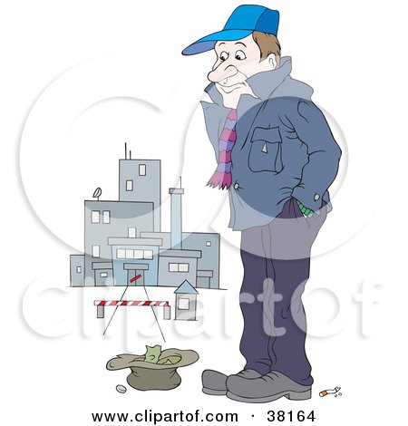Clipart Illustration of a Poor Man Standing Outside A Closed Factory With Money In A Hat by Alex Bannykh