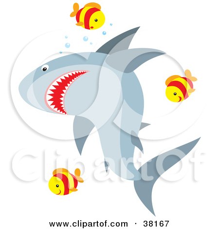 Clipart Illustration of a Group Of Fish Swimming Around A Shark by Alex Bannykh