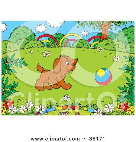 Clipart Illustration of a Brown Dog Chasing A Ball In A Spring Field by Alex Bannykh