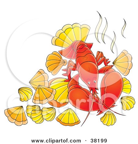 Clipart Illustration of a Bright Red Lobster With Shells by Alex Bannykh