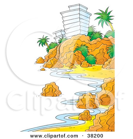 Clipart Illustration of a Shoreline Along A Rocky Coast With A Hotel On The Cliffs by Alex Bannykh