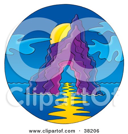 Clipart Illustration of Sunset Light Cast On Water Under An Arched Rock Formation  by Alex Bannykh