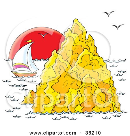 Clipart Illustration of a Sailboat Near A Rock Formation Under Seagulls Under A Red Sunset by Alex Bannykh