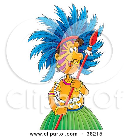 Clipart Illustration of a Tribal Man In A Skirt And Jewelry, Wearing Feathers And Holding A Spear by Alex Bannykh