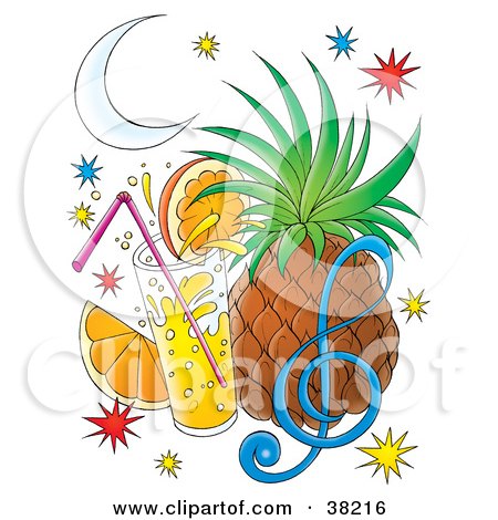 Clipart Illustration of a Juice Cocktail In Front Of A Pineapple And Orange Slice, With Sparkles And A Music Note Under A Crescent Moon by Alex Bannykh