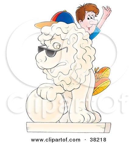 Clipart Illustration of a Male Tourist Sitting On A Lion Statue And Waving by Alex Bannykh