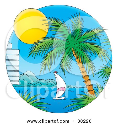 Clipart Illustration of a Sun Shining On A Sailboat Near A Hotel And Palm Tree On A Bay by Alex Bannykh