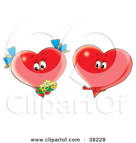 Clipart Illustration of a Male Red Heart Giving A Female Flowers by Alex Bannykh