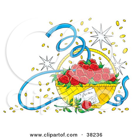 Clipart Illustration of Confetti And A Basket Of Red Roses by Alex Bannykh
