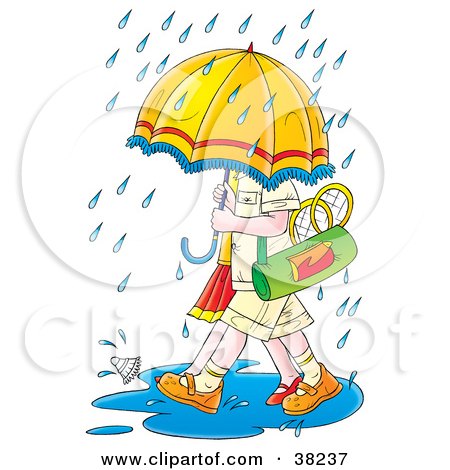 Clipart Illustration of Badminton Players Walking Under An Umbrella In The Rain by Alex Bannykh