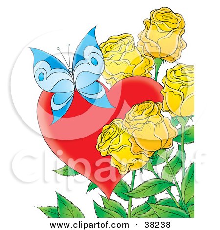 Clipart Illustration of a Blue Butterfly With A Red Heart And Yellow Roses by Alex Bannykh