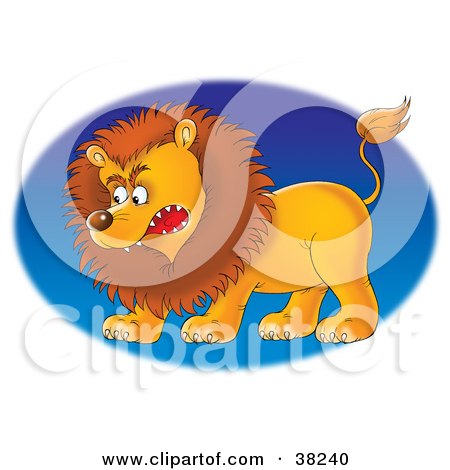 Clipart Illustration of a Mad Male Lion Facing Left, Over A Blue Oval by Alex Bannykh