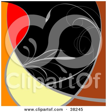 Clipart Illustration of a Black Abstract Background Bordered With Red, Orange, Brown And Yellow Spaces And Gray Plants by dero