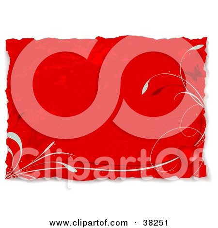 Clipart Illustration of a Red Valentines Day Background With Grunge, Vines And Butterflies, Bordered In White by dero