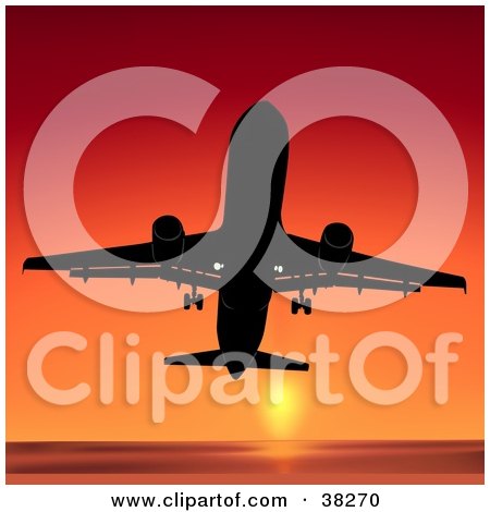 Clipart Illustration of a Commercial Airliner Flying Upwards Against An Orange Sunset by dero