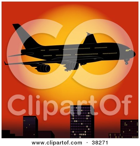 Clipart Illustration of an Airplane Flying Above City Skyscrapers At Sunset by dero