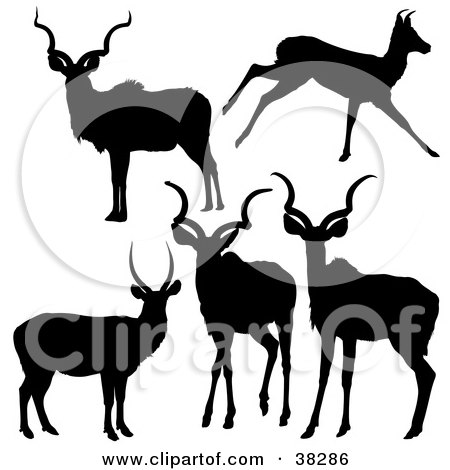 Clipart Illustration of Five Silhouetted Antelope In Black by dero