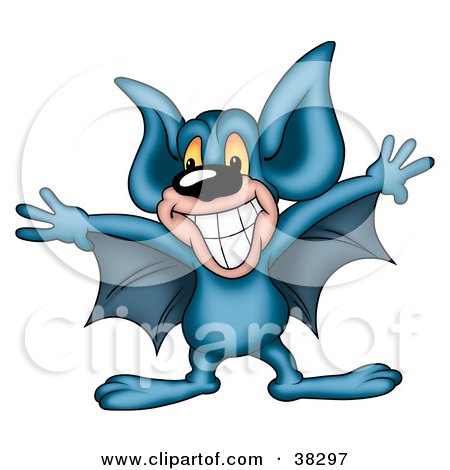 Clipart Illustration of a Grinning Blue Bat Spanning His Wings by dero