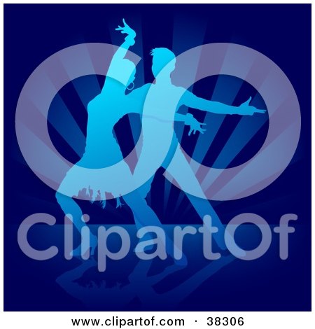 Clipart Illustration of a Gradient Blue Silhouetted Man And Woman Dancing The Rumba On A Bursting Background by dero