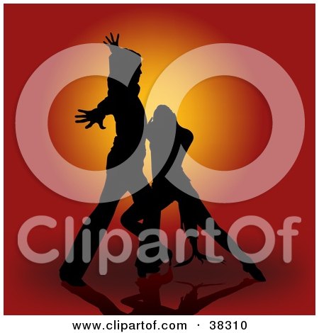 Clipart Illustration of a Sexy Silhouetted Couple Dancing The Flamengo On A Fiery Red Background by dero