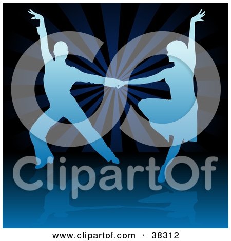 Clipart Illustration of an Elegant Blue Silhouetted Couple Of Latin Dancers Holding Hands And Dancing Away From Each Other by dero