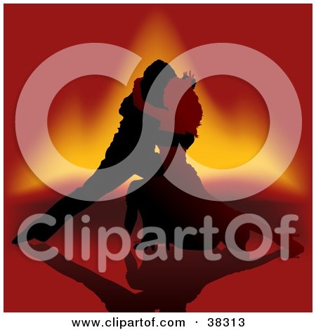 Clipart Illustration of a Sexy Silhouetted Couple Dancing The Tango, On A Fiery Background by dero