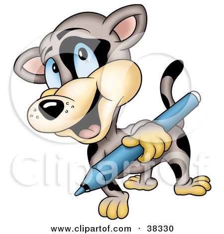 Clipart Illustration of a Spotted Cat Carrying A Blue Marker by dero