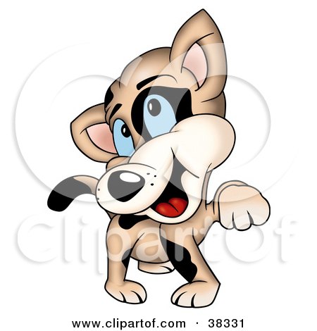 Clipart Illustration of a Beige Cat With Black Spots, Lifting Its Paw And Laughing by dero