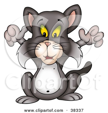 Clipart Illustration of a Gray Cat Holding His Front Arms Up by dero