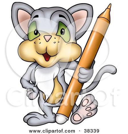 Clipart Illustration of a Gray Cat Standing With An Orange Marker by dero