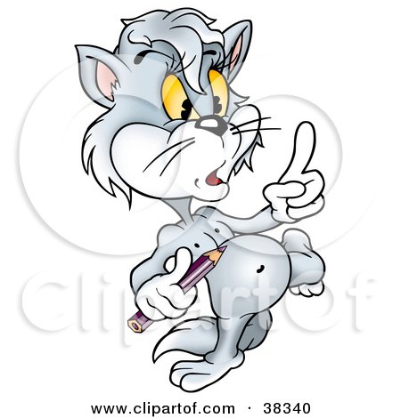 Clipart Illustration of a Gray Cat With A Color Pencil Waving His Finger by dero