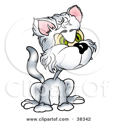 Clipart Illustration of a Hairy White Cat With Green Eyes, Looking Right by dero