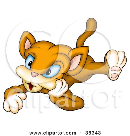 Clipart Illustration of a Brown Blue Eyed Cat Laying On Its Belly by dero
