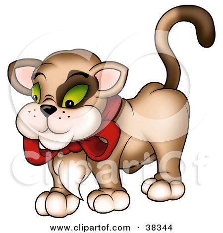 Clipart Illustration of a Brown Cat With A Hairy Chest, Wearing A Red Bow by dero