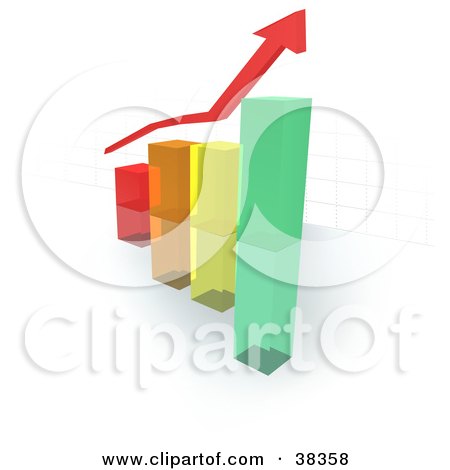Clipart Illustration of a Red Arrow Above A Colorful Glass Bar Graph With A Faint Grid by dero