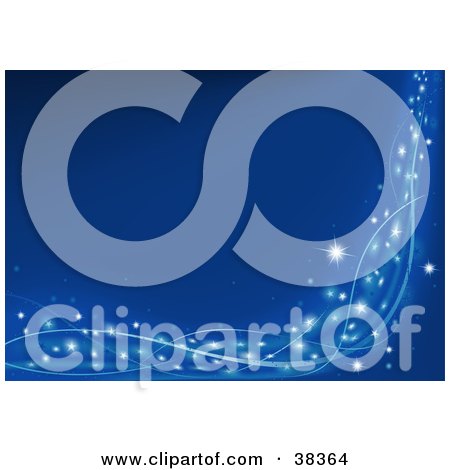 Clipart Illustration of a Border Of Sparkles And Stars With Waves, Bordering The Bottom And Right Side Of A Blue Background by dero