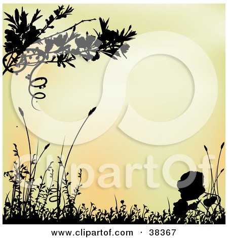 Clipart Illustration of a Gradient Orange Background Framed With Black Silhouetted Grasses And Plants by dero