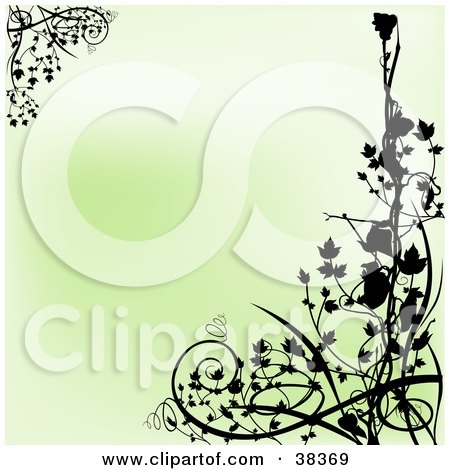 Clipart Illustration of a Gradient Green Background With Corners Of Black Silhouetted Vines by dero