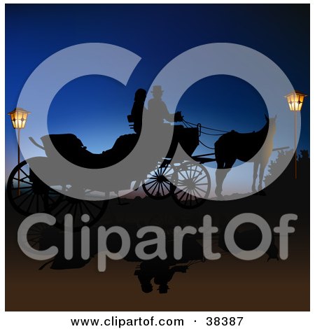 Clipart Illustration of a Couple In A Horse Drawn Carriage, Silhouetted Between Lanterns Against The Blue Of Night by dero
