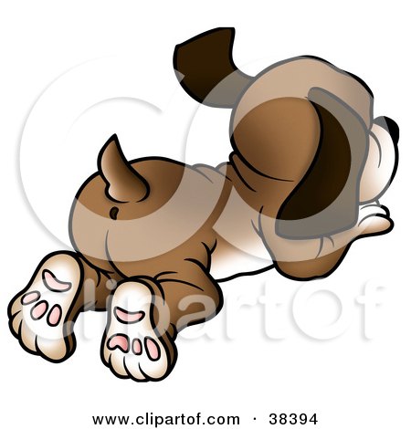Clipart Illustration of a Brown Pup Laying On His Belly And Looking Away by dero