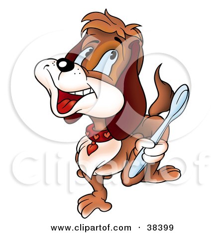 Clipart Illustration of a Happy Dog Wearing A Heart Collar, Holding Up A Spoon by dero