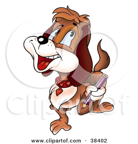 Clipart Illustration of a Joyful Brown Dog Walking With A Purple Colored Pencil by dero