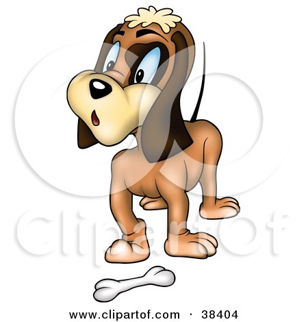 Clipart Illustration of a Surprised Brown Dog Standing In Front Of A Bone by dero
